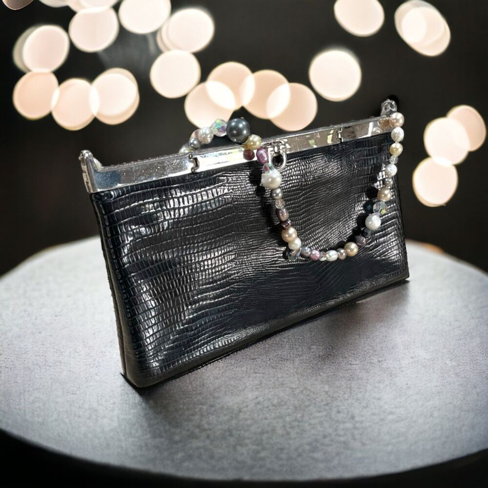 Vtg Black Lizard Embossed Evening Bag Crystals Authentic Baroque Pearls Strap